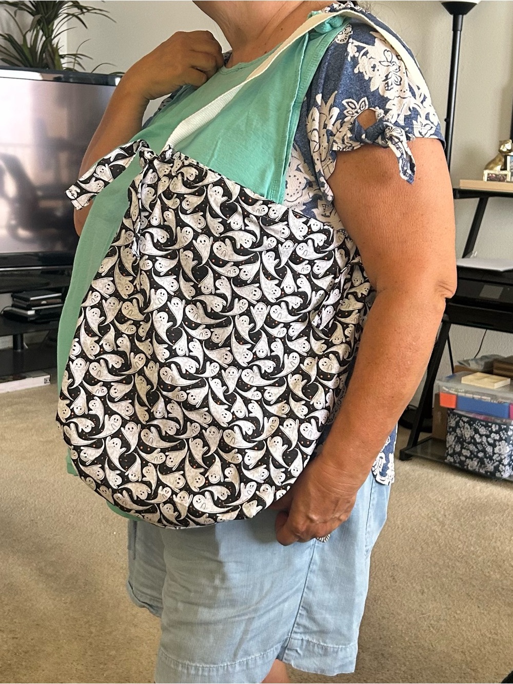Reversible Halloween Ghosts Handmade Tote Bag  with Denim Interior